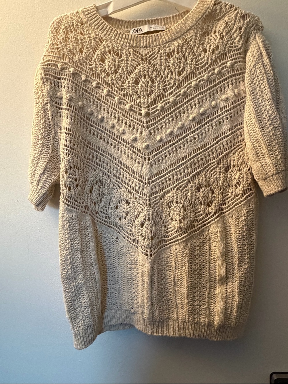Zara Cream Open-Knit Short Sleeve Sweater
